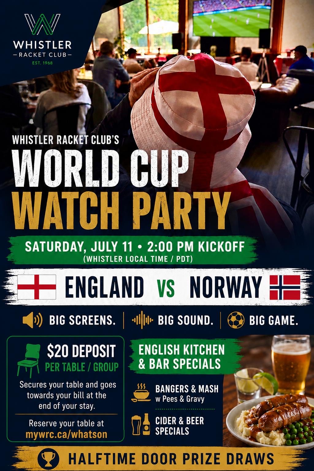 World Cup Watch Party — England v Norway, Saturday July 11, 2pm kickoff